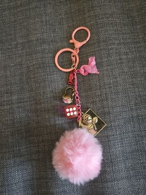 Pink Faux Fur Pom Pom Keychain with Charms